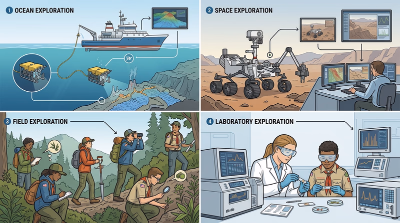 Four-panel comparison of ocean, space, field, and laboratory exploration settings with the tools used in each