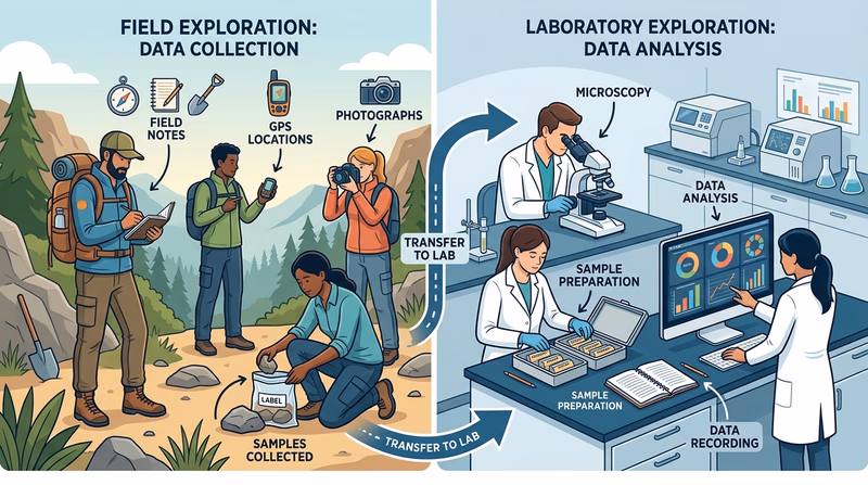 Split comparison showing outdoor field data collection alongside indoor laboratory analysis of samples