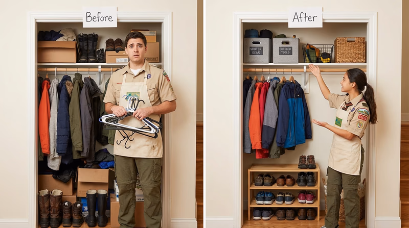 A split image showing a cluttered, disorganized closet on the left labeled Before and the same closet neatly organized with bins and labels on the right labeled After