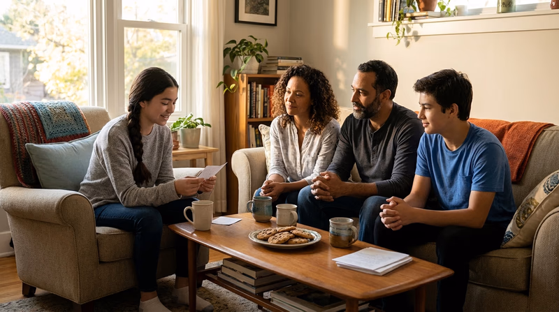 A family of four sitting in a living room circle, each holding a piece of paper and sharing what they appreciate about each other