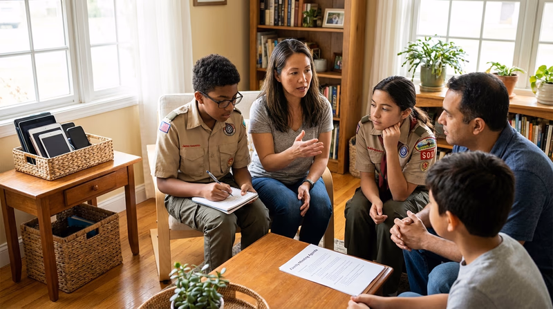 A family sitting in a living room with notebooks, engaged in a serious but comfortable discussion, with devices set aside on a nearby table