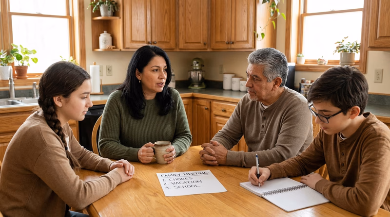 A family sitting around a kitchen table with a handwritten agenda visible, everyone attentive and engaged in conversation