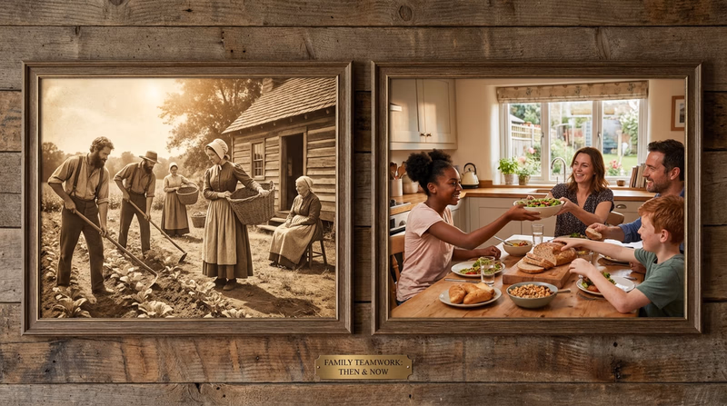A split illustration showing a historical family working together on a farm on the left and a diverse modern family gathered around a dinner table on the right