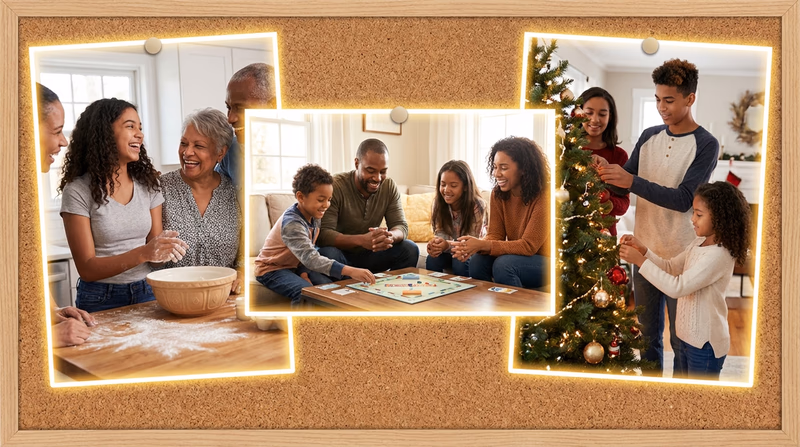 A warm collage-style illustration showing family traditions: a family cooking together, playing a board game, and decorating a holiday tree