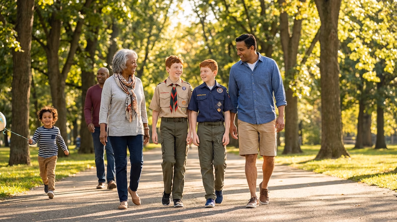 A multigenerational family walking together through a park on a sunny day, grandparent, parent, and Scout side by side