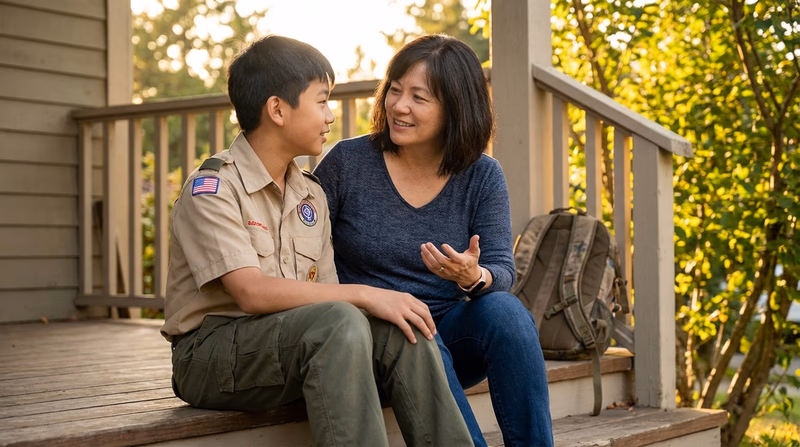 A parent and Scout sitting on a porch step together, having a calm conversation with body language showing mutual respect and attentiveness