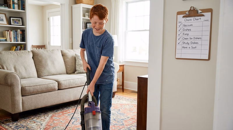 A Scout vacuuming a living room floor with a cheerful expression, with a checklist on the wall in the background