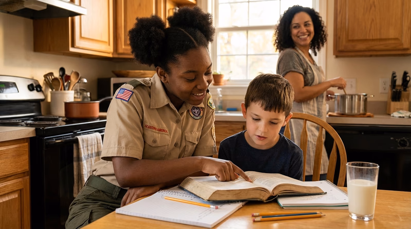 A Scout helping a younger sibling with homework at a kitchen table while a parent prepares dinner in the background