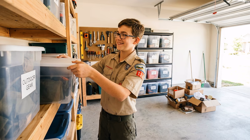A Scout organizing a garage with labeled storage bins, tools hung neatly on a pegboard, and a clear workspace
