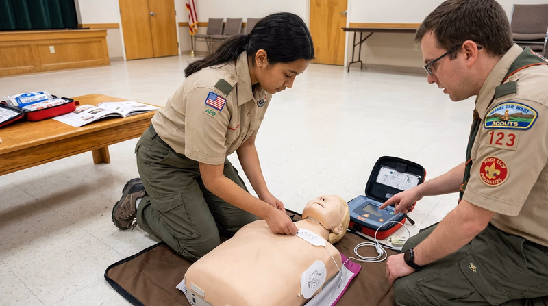 An illustration showing correct AED pad placement on a person's bare chest — one pad on the upper right below the collarbone, one on the lower left below the armpit, with the AED device visible nearby