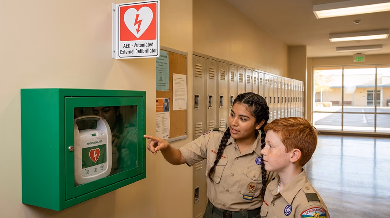 An AED in its bright green wall-mounted cabinet in a school hallway, with the universal heart/lightning bolt AED sign clearly visible above it