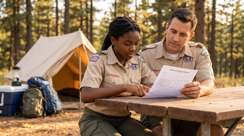 A Scout leader and a Scout reviewing an Annual Health and Medical Record form together at a table, with camping gear visible in the background