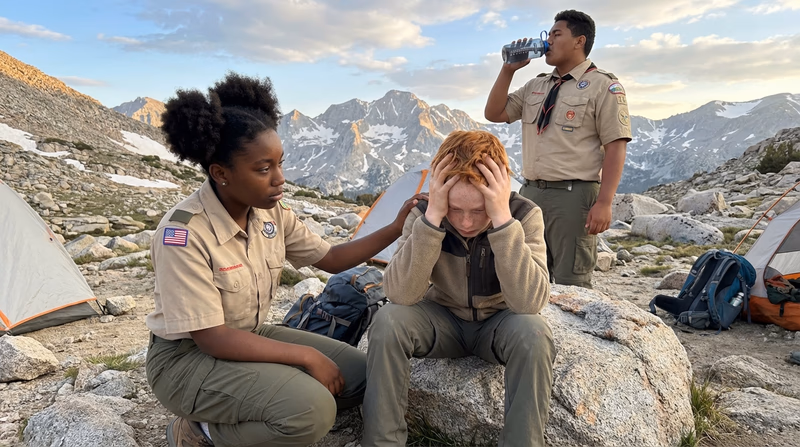 Scouts resting at a high-altitude campsite with mountain views, one Scout drinking water while another checks on a teammate who is sitting down and resting