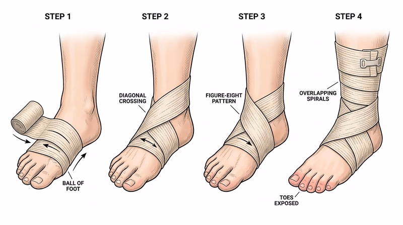 Four-step ankle wrapping sequence showing the figure-eight path from the ball of the foot across the ankle and up the lower leg