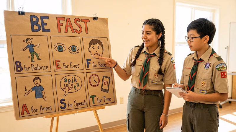 An educational illustration showing the BE FAST stroke recognition steps with a simple visual for each letter: Balance, Eyes, Face drooping, Arm weakness, Speech difficulty, Time to call 911