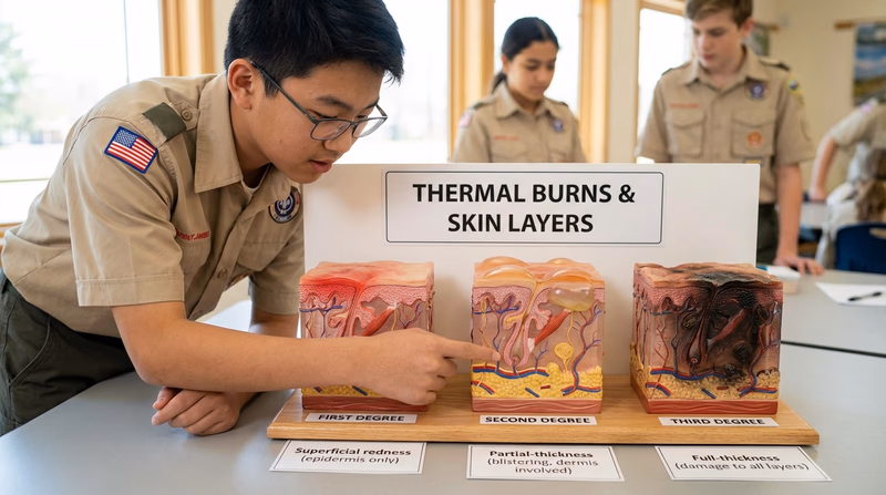 An educational illustration showing the three degrees of burns side by side, with labeled skin layers (epidermis, dermis, subcutaneous) and visual indicators of each burn depth