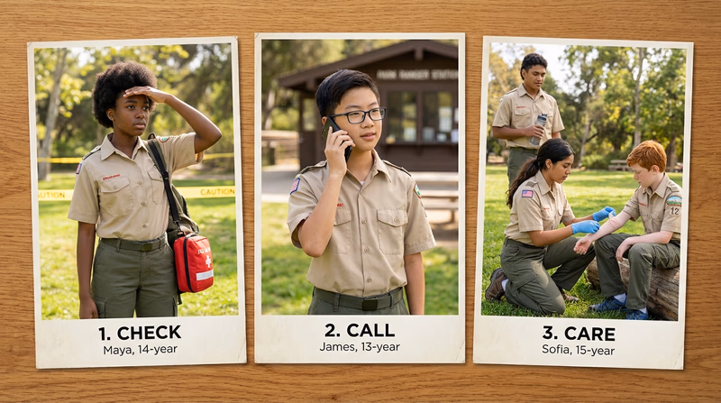 An infographic-style illustration showing the three steps: Check (Scout looking around a scene), Call (Scout on phone with 911), Care (Scout kneeling beside a patient providing first aid)