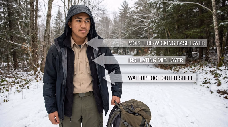 A Scout dressed in proper cold-weather layering system, with labels pointing to the base layer, insulation layer, and outer shell