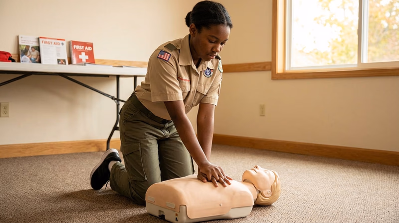 A Scout performing CPR chest compressions on a training mannequin, showing correct hand position on the center of the chest with arms straight and shoulders directly over the hands