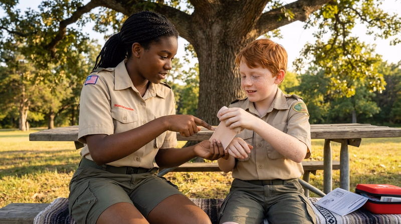 Two Scouts practicing a first aid skill together, one guiding the other through bandaging technique, representing the Guide phase of EDGE