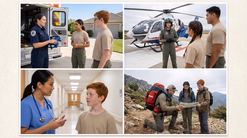 A collage showing different EMS career paths: an EMT with an ambulance, a flight paramedic near a helicopter, an emergency physician in scrubs, and a wilderness first responder on a mountain trail