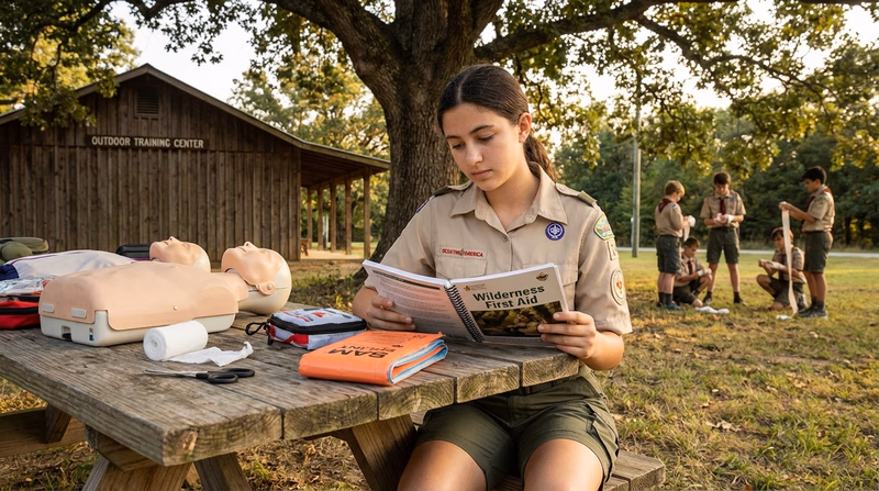 A Scout studying a Wilderness First Aid manual at an outdoor training course, with practice mannequins and medical supplies visible in the background