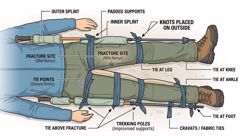 Top-down diagram showing improvised femur splint layout with outer and inner rigid supports and key tie points