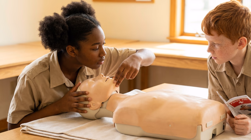 Close-up illustration showing the head-tilt chin-lift technique on a training mannequin, with hands correctly positioned on forehead and chin