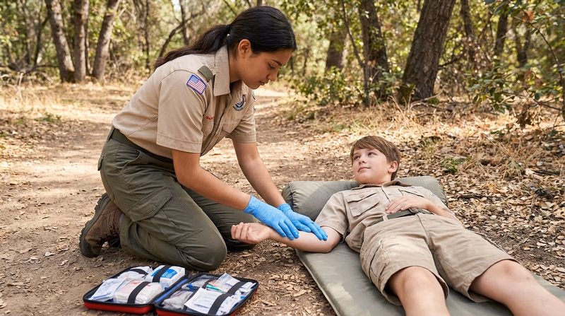A Scout performing a secondary assessment on a fellow Scout lying on the ground, carefully checking their arm for injuries while wearing gloves
