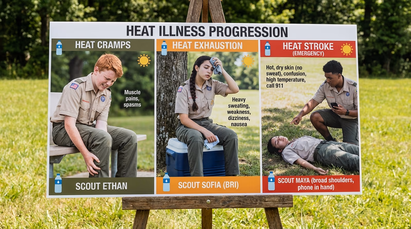 An infographic showing the progression from heat cramps to heat exhaustion to heat stroke, with key signs and first aid actions for each stage