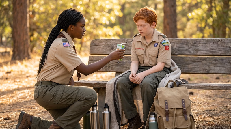 A Scout offering a juice box to a fellow Scout who looks pale and shaky, sitting on a bench at a campsite