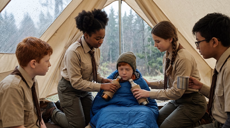 Scouts in a tent helping a fellow Scout who is wrapped in a sleeping bag, with warm water bottles placed at key warming points, during a rainy outdoor scene