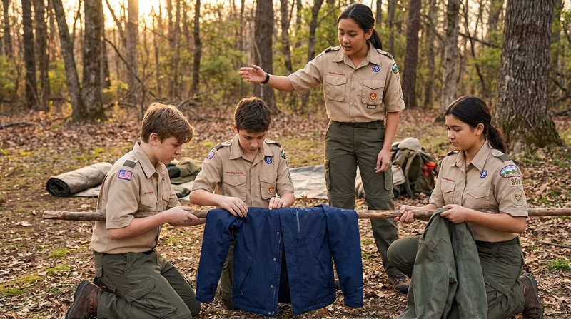Scouts constructing an improvised stretcher from two poles and a blanket at a campsite, with one Scout directing the process