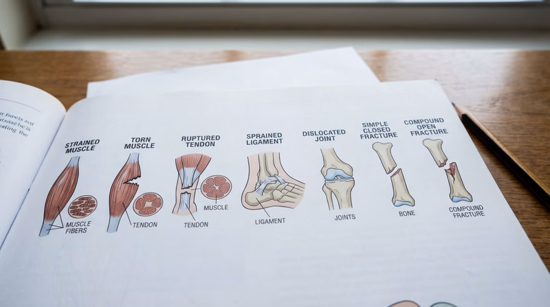 An educational diagram showing simplified illustrations of each injury type (strain, tear, rupture, sprain, dislocation, simple fracture, compound fracture) with labeled anatomical structures