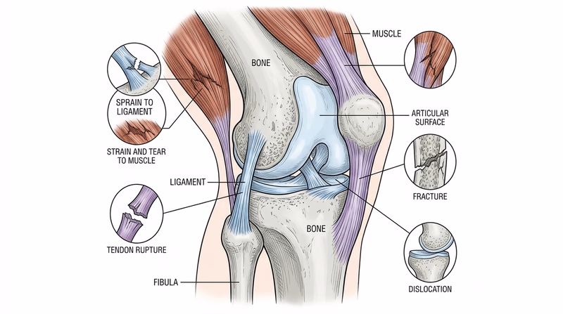 Joint-region anatomy map showing bone, ligament, tendon, muscle, and joint surfaces with callouts linking each injury type to the tissue involved