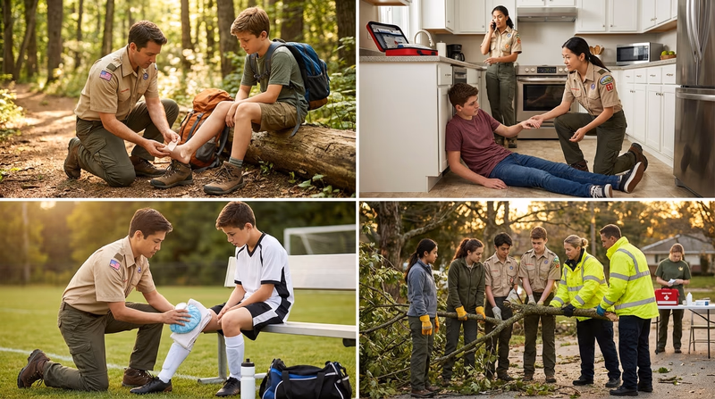 A four-panel illustration showing different first aid settings: a Scout treating a blister on a hiking trail, a teen helping someone who fell at home, a sports sideline with an ice pack on a knee, and first responders at a disaster scene