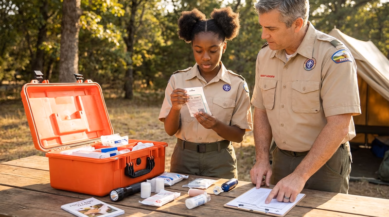 A Scout and an adult leader inspecting the contents of a large troop first-aid kit laid out on a camp table, checking expiration dates on supplies