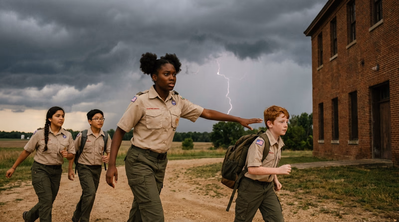 Scouts quickly moving toward a sturdy building as dark storm clouds and lightning appear in the distance, with one Scout gesturing urgently to the group