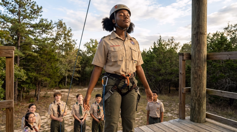 A Scout standing at the top of a rappelling tower, taking a deep breath with eyes closed, a belayer and supportive friends visible below