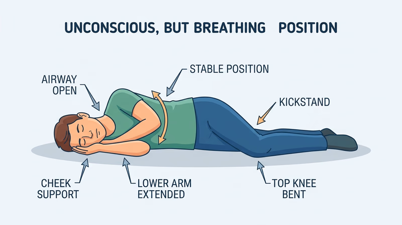 Side-view recovery position showing bent top knee, lower arm extended, upper hand supporting the cheek, and airway-open head position