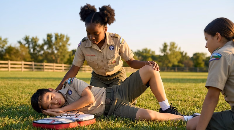 A Scout carefully placing an unconscious person into the recovery position on a grassy field, demonstrating correct hand and knee placement