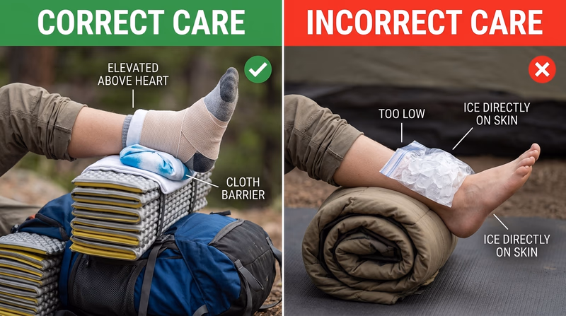 Correct versus incorrect ankle injury setup showing above-heart elevation, cloth-wrapped ice, and light compression compared with a poor setup