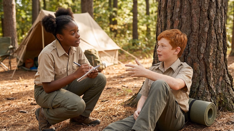 A Scout taking notes on a small notepad while talking to a conscious patient who is sitting up, showing the information-gathering process