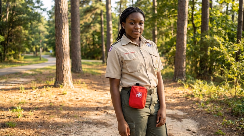 A Scout wearing a clean uniform with a first-aid kit on their belt, standing confidently and ready to help