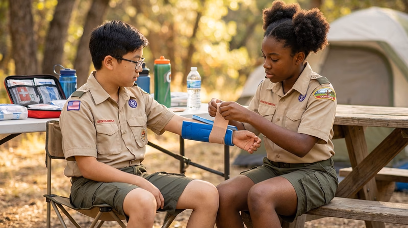 A Scout applying a padded SAM splint to another Scout's forearm, wrapping it securely with an elastic bandage, outdoors at a campsite