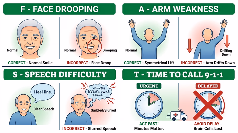 Four-panel FAST stroke recognition image showing face droop, arm drift, slurred speech, and urgent time to call emergency services