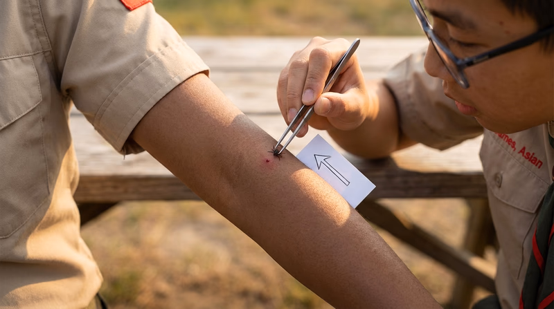 A close-up illustration showing the correct technique for removing a tick with fine-tipped tweezers, grasping close to the skin and pulling straight up