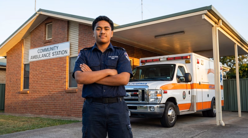 A teen volunteer EMT in uniform standing proudly in front of a community ambulance, representing the option of beginning EMS volunteering at a young age