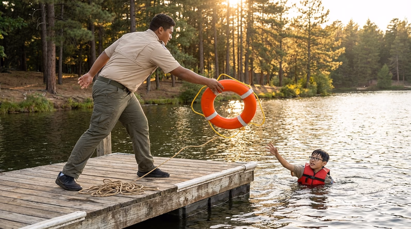 A Scout on a dock throwing a ring buoy to a person in the water, demonstrating the throw step of reach-throw-row-go rescue