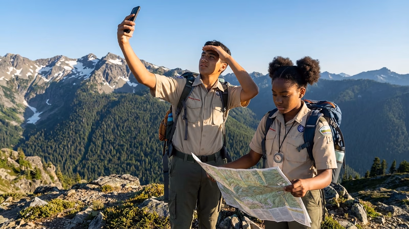 Two Scouts on a high ridge, one holding up a cell phone trying to get a signal while the other studies a map, with mountains and forest in the background